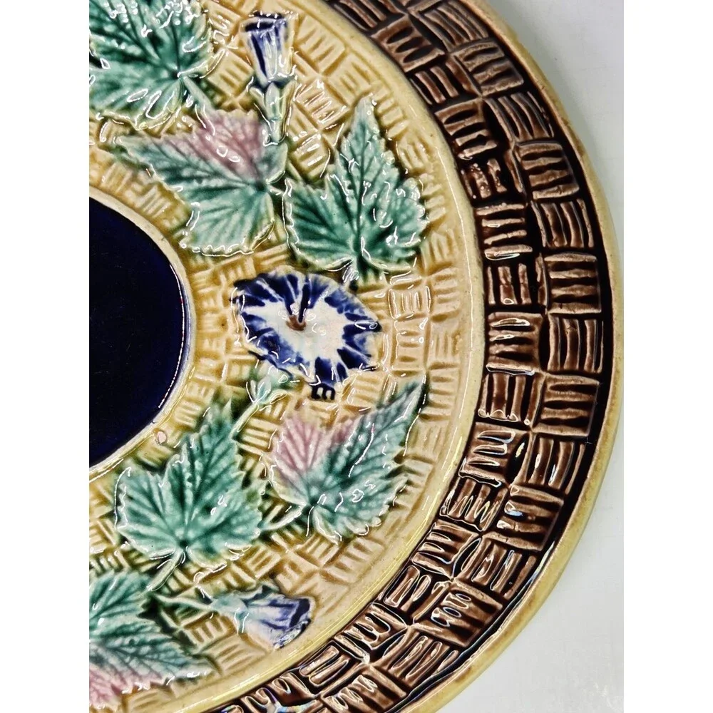 Antique Oval Majolica Basket Weave Footed Platter Floral Bread Bowl Cobalt 12¾